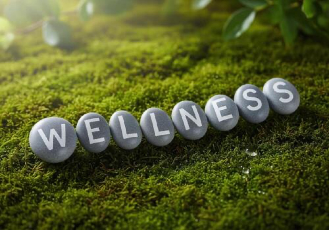Smooth stones spelling wellness on green moss